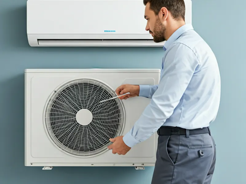Tehnician HVAC inspectează un aparat de aer condiționat montat pe perete